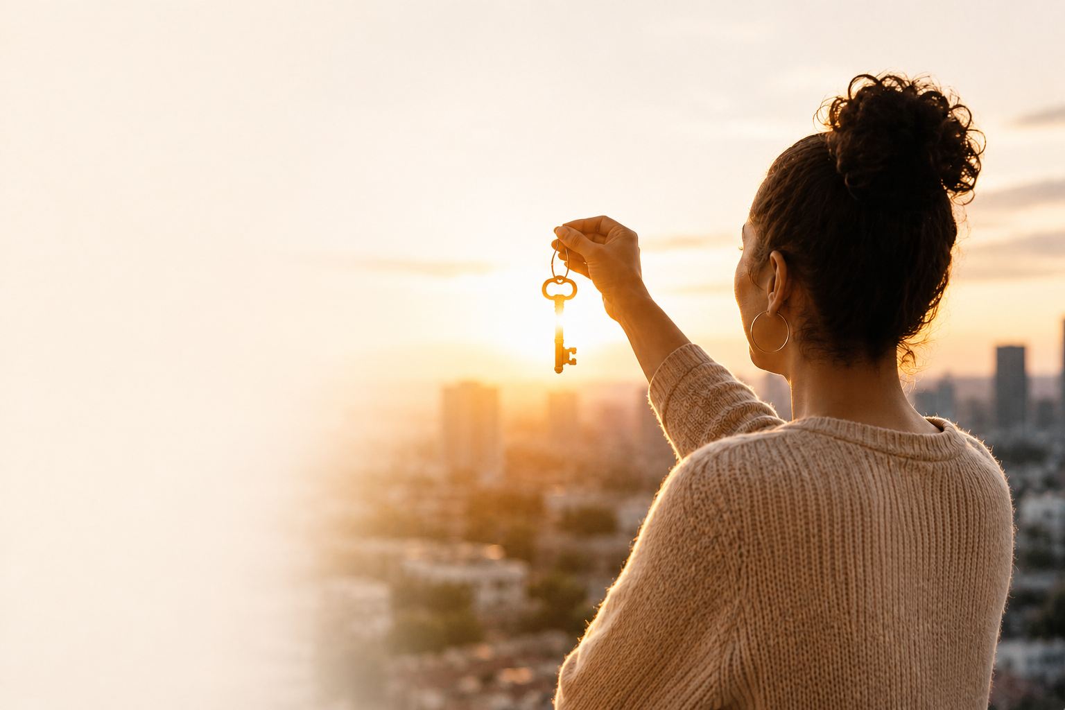 Woman holding a key toward the light — a symbol of restoration
